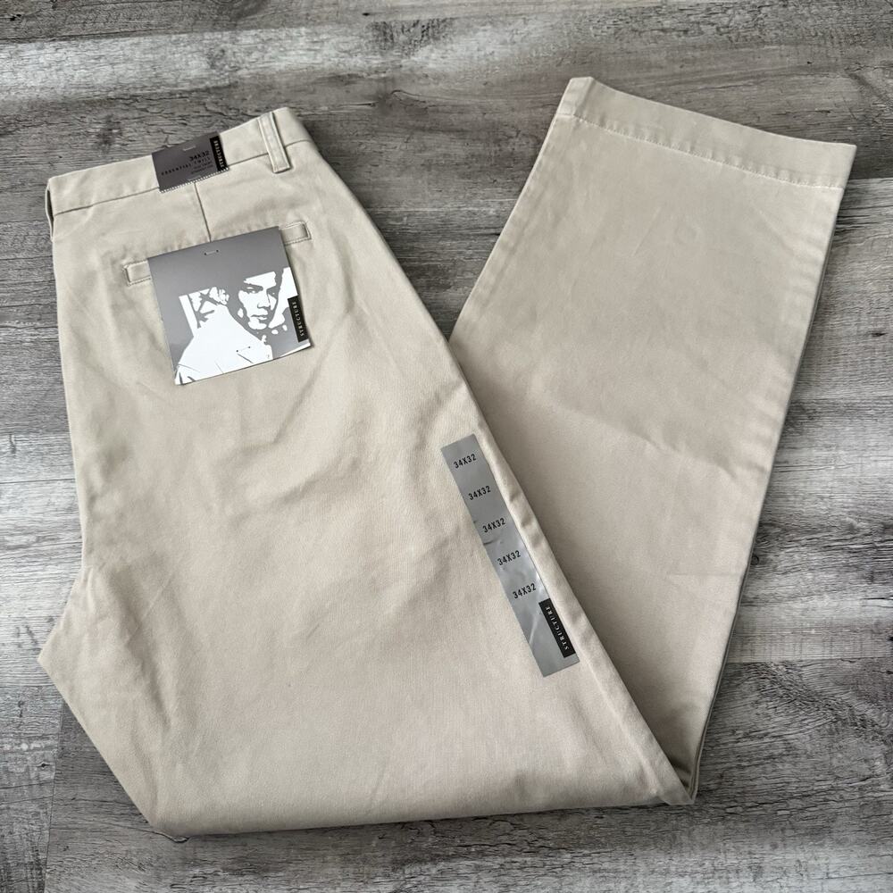 Structure Essential Twill Pants Mens Size 34x32 Khaki Flat Front Straight NEW